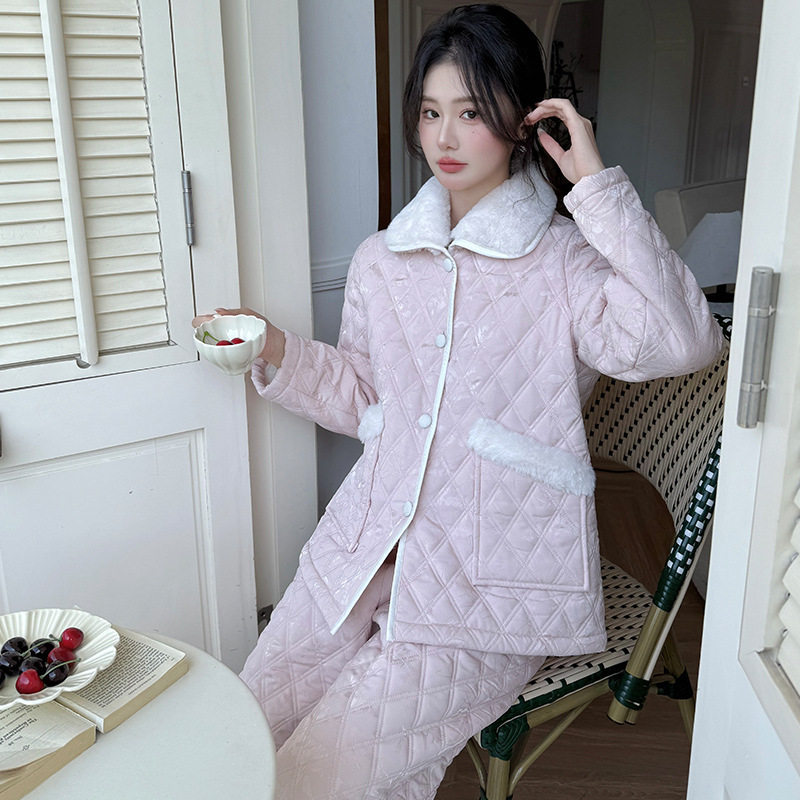 冬季新款睡衣夹棉套装娃娃简约风口袋领带保暖舒适百搭居家可外穿