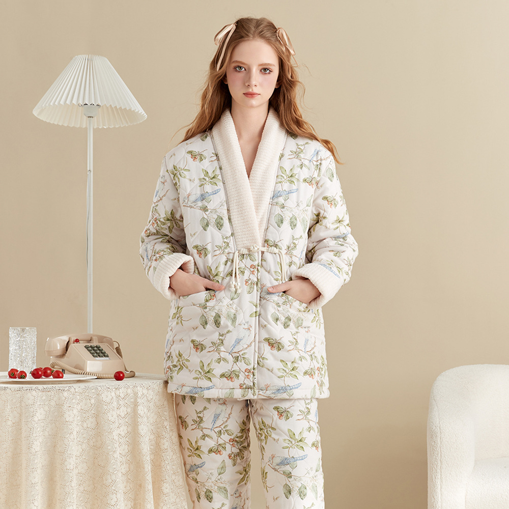加厚三层夹棉睡衣女特厚保暖高级加绒可外穿套装感国风家居服冬季