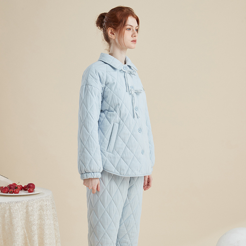 25新睡衣女保暖加厚加绒三层夹棉开衫棉袄家居服女冬季可外穿套装