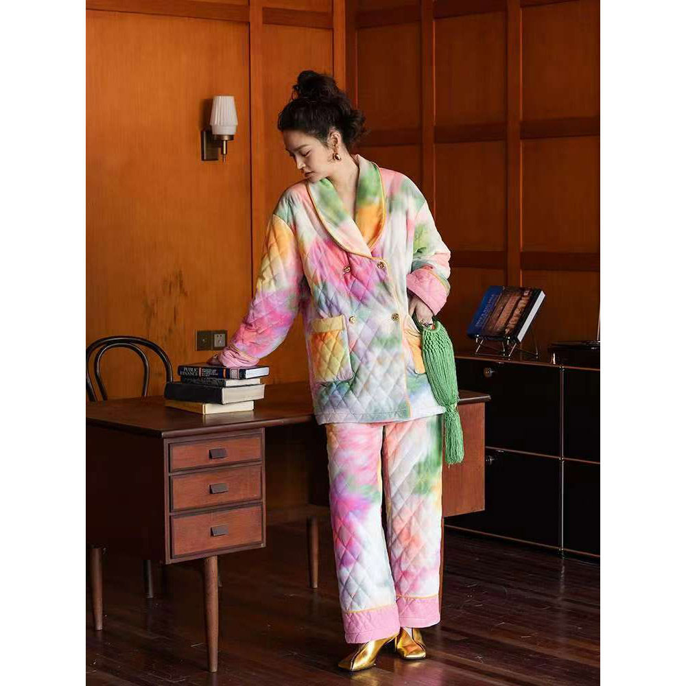 新款秋冬三层夹棉印花睡衣女冬季长袖长裤加厚加绒套装外穿家居服