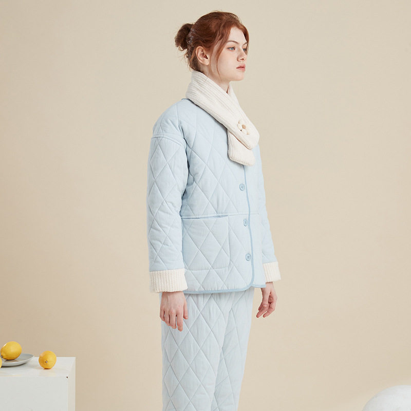 冬天三层夹棉居家女特厚保暖纯棉加绒加厚款可外穿睡衣御寒服套装