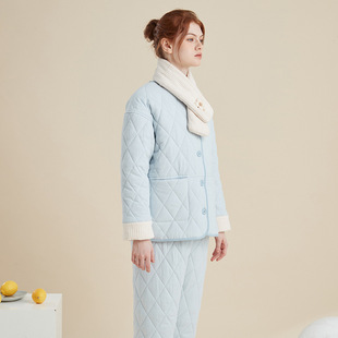 冬天三层夹棉居家女特厚保暖纯棉加绒加厚款可外穿睡衣御寒服套装