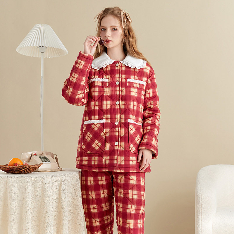 女士睡衣三层夹棉新款冬季可外穿纯棉加绒家居服套装冬款保暖省服