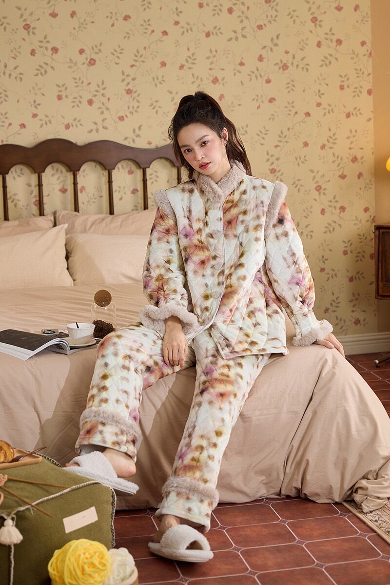 2025新款冬季三层夹棉加绒加厚可外穿女士睡衣两件套装