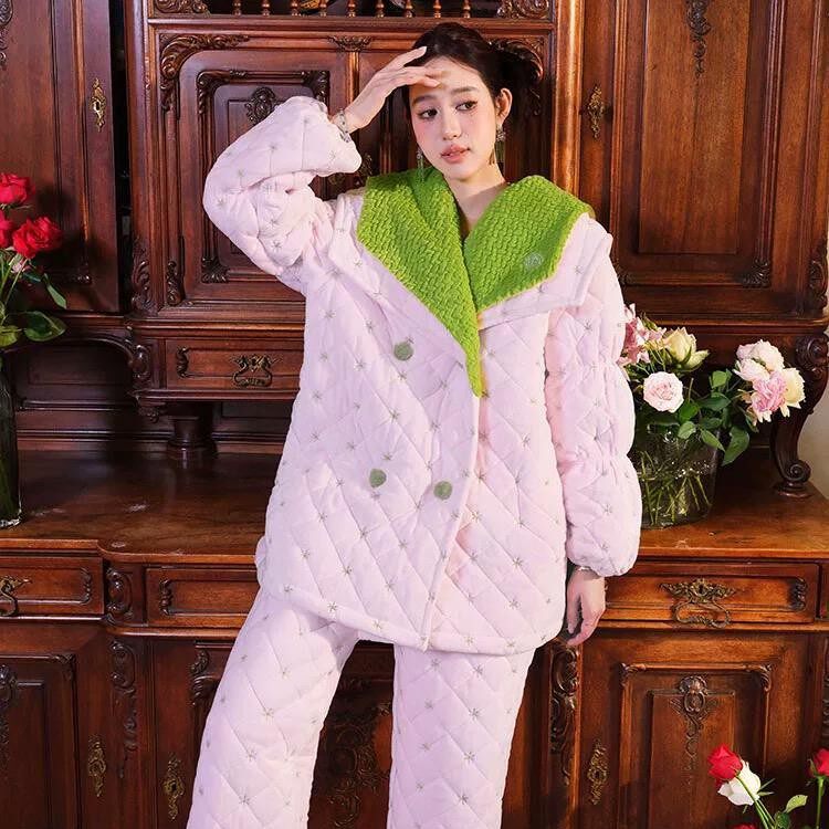 冬季三层夹棉加厚中长款女睡衣毛绒大翻领洋气时尚加绒外穿家居服