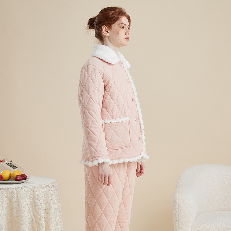 睡衣女款套装可爱珊瑚绒三层夹棉加厚保暖粉色少女外穿家居服冬季