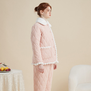 睡衣女款套装可爱珊瑚绒三层夹棉加厚保暖粉色少女外穿家居服冬季
