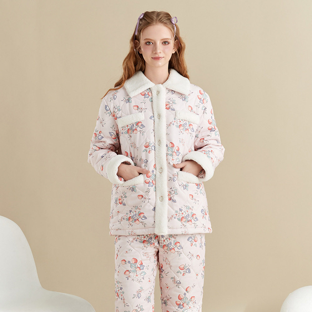 新款冬季三层夹棉家居服女加厚睡衣外穿纯棉加绒甜美可爱保暖套装