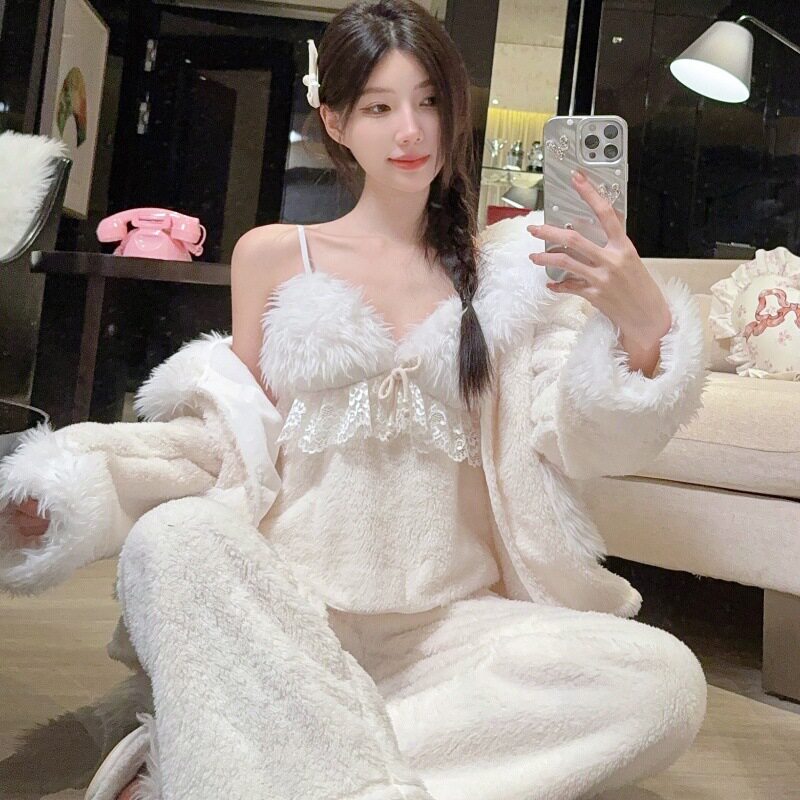 珊瑚绒睡衣件套三秋冬吊带可爱法兰绒件套女套装新款可外穿家居服