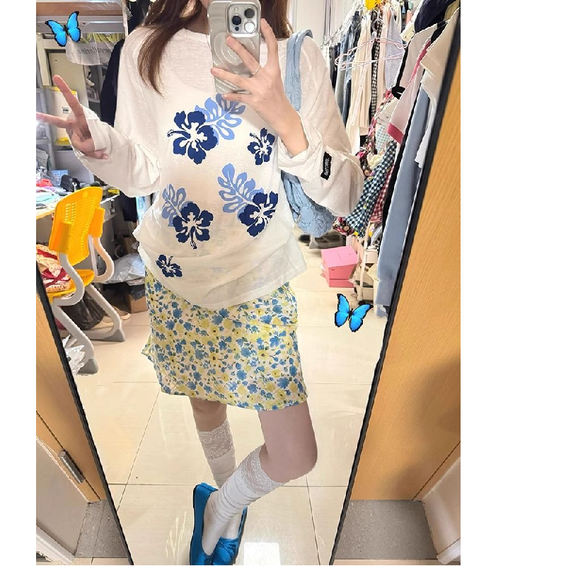 BESOBER原创 花卉印花薄款防晒插肩长袖罩衫宽松T恤女慵懒风上衣