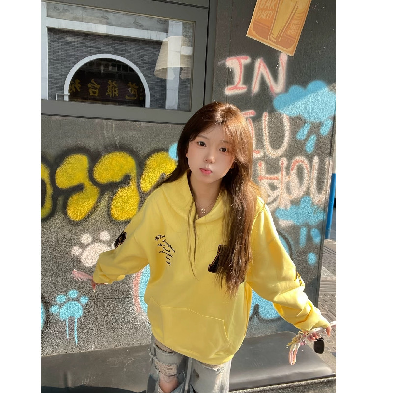 黄色美式字母刺绣连帽卫衣男女款早秋上衣宽松重磅情侣外套连帽衫