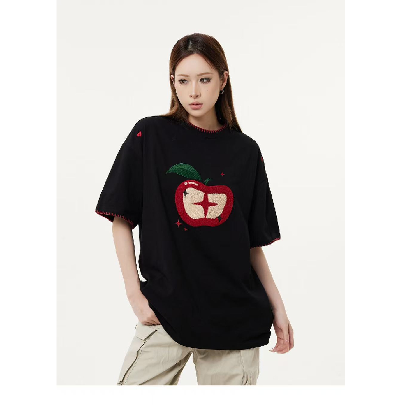FYKSHOP 美式复古苹果毛巾绣刺绣短袖T恤男女小众百搭宽松上衣ins