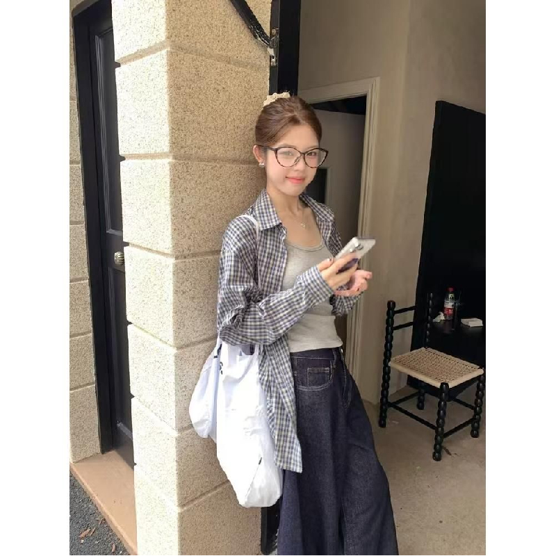 YOYOZIZHI 蓝色格子衬衫外套女春季2025新款叠穿上衣衬衣