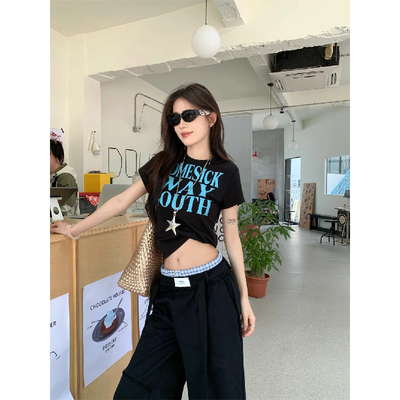 美式字母印花白色正肩短袖t恤女夏季新款小个子修身高腰短款上衣