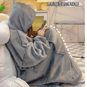 法兰绒大睡袍情侣加厚浴袍暖家居服男女冬长款连体睡衣睡裙懒人毯