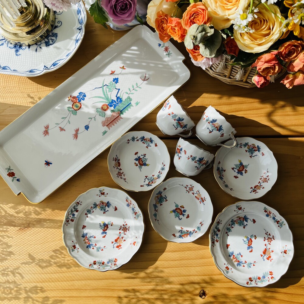 现货德国Meissen东方风格柿右卫门百花苑摩卡咖啡壶糖奶咖啡杯组