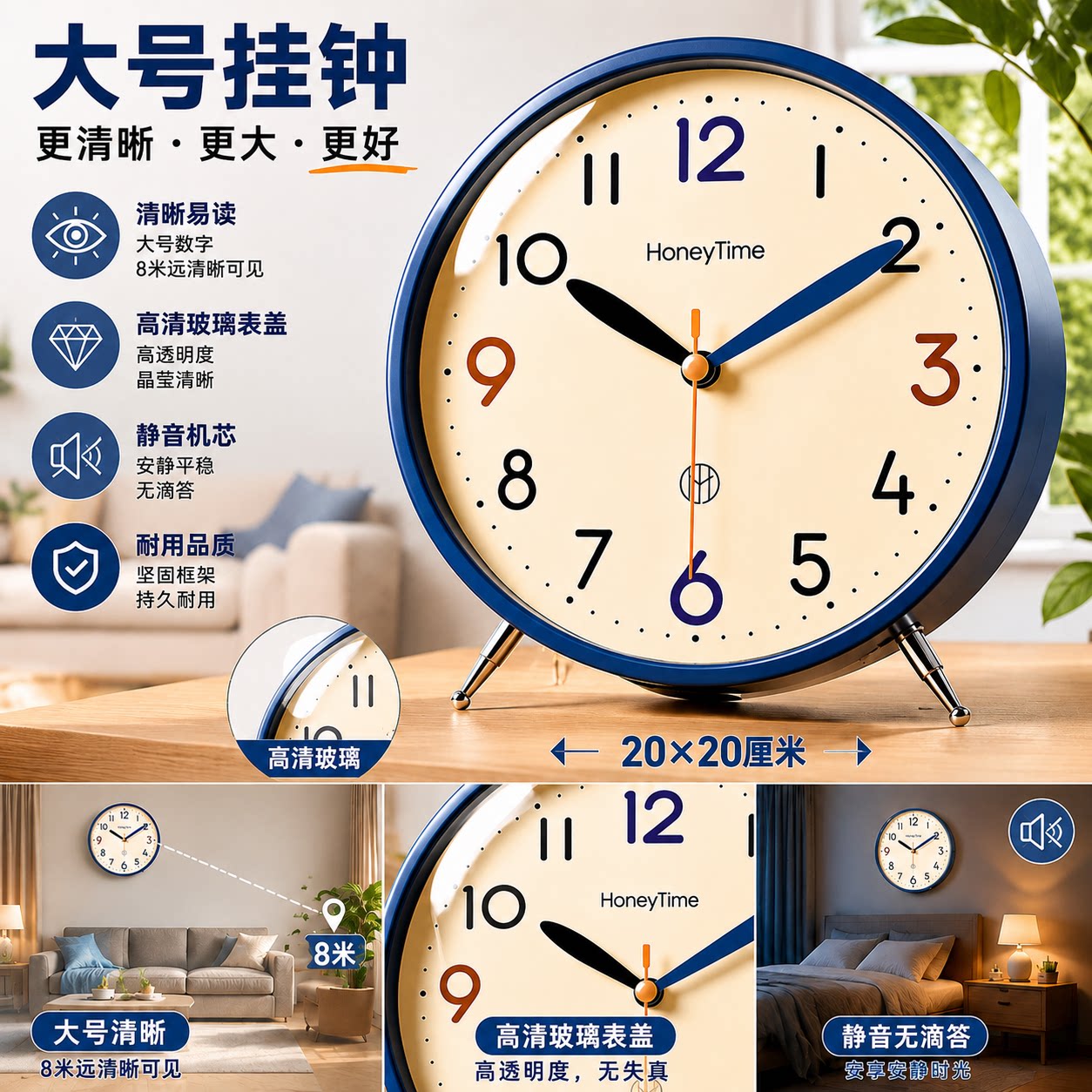 家用北欧简约台钟大尺寸静音闹钟卧室书房客厅摆件家居装饰石英钟