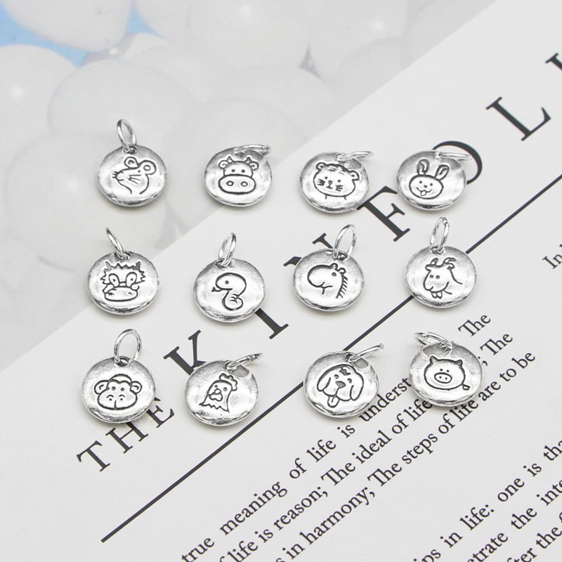 银势 S925纯银圆形十二生肖本命年小吊牌手工diy手编红绳手链配饰