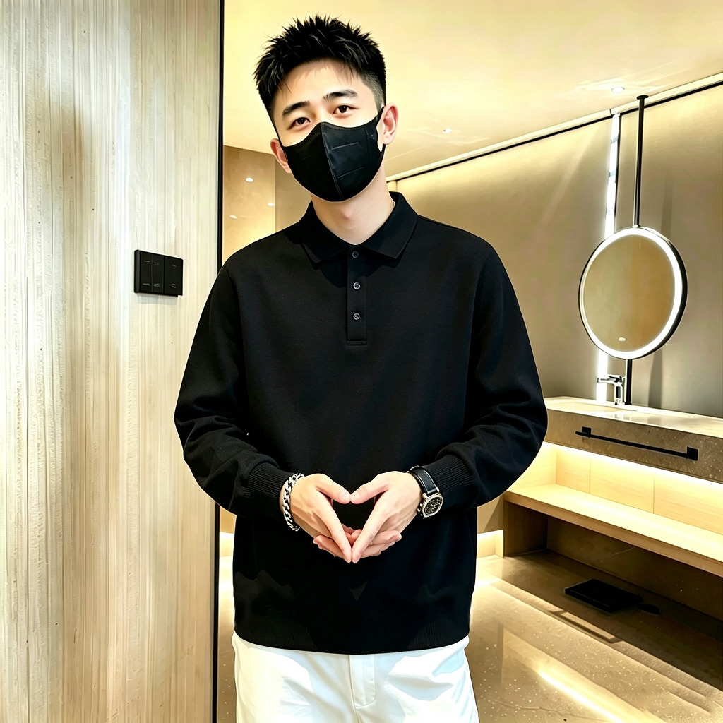 春秋季男士纯色轻奢风翻领长袖POLO衫男商务休闲百搭套头T恤上衣