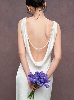 TANSSHOP赫本裙 露背珍珠优雅轻礼服裙 2025年新款缎面提花连衣裙