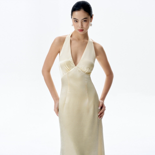 TANSSHOP 缎面挂脖连衣裙浅黄色收腰露背鱼尾长裙生日宴会礼服裙