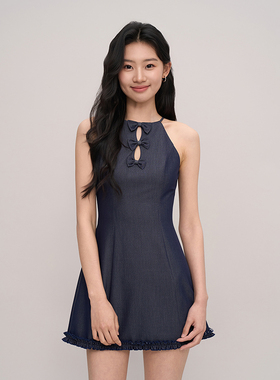 TANSSHOP 蝴蝶结镂空挂脖裙 免水洗牛仔裙木耳边A字短裙连衣裙