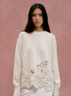 TANSSHOP新品蕾丝不规则镂空拼接套头羊毛毛衣+直筒半身裙套装女