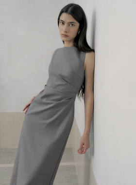 TANSSHO灰色优雅赫本裙 两长度 收腰显瘦连衣裙通勤船领中长裙