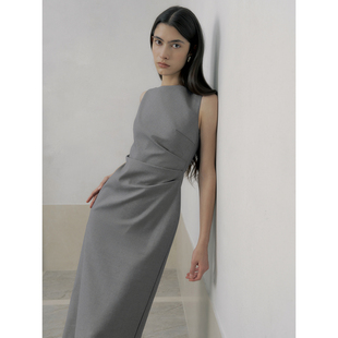 TANSSHO灰色优雅赫本裙 两长度 收腰显瘦连衣裙通勤船领中长裙