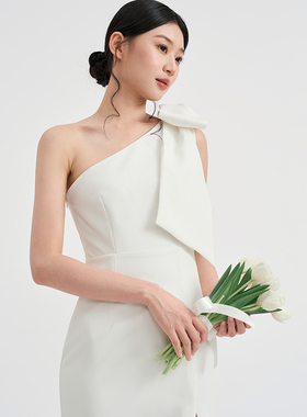 TANSSHOP蝴蝶结斜肩裙 修身显瘦开叉直筒高腰中长裙连衣裙礼服裙