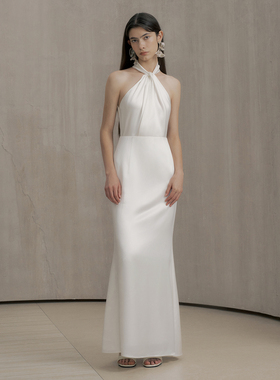 TANSSHOP简约白挂脖缎面裙 露背收腰显瘦鱼尾长裙轻婚纱裙白裙