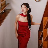 TANSSHOP红色抹胸挂脖礼服裙针织弹力面料有胸垫修身 捏褶直筒长裙