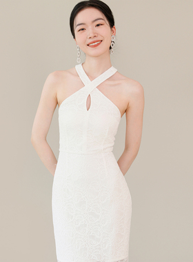 TANSSHOP 两种长度挂脖裙 佩里斯纹白色蕾丝交叉镂空领短裙&鱼尾