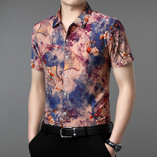 九五狼男士短袖衬衫印花男夏季梅花图案衬衣冰丝碎花半袖上衣