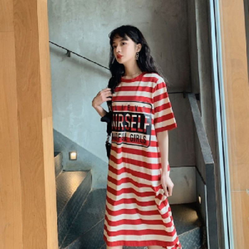 Summer loose and thin striped printed T-shirt dress women's Student Korean medium length Fairy Dress