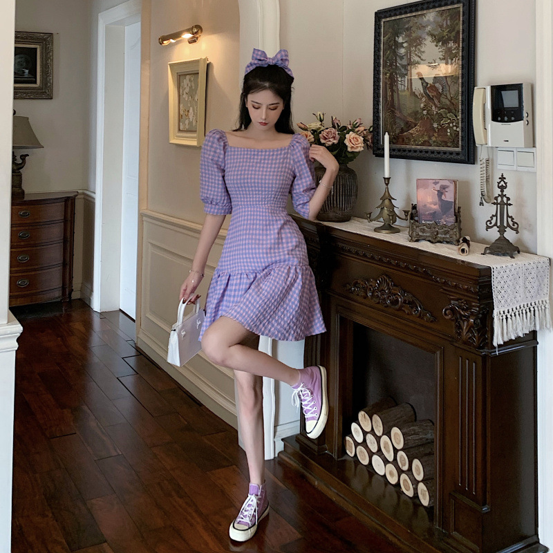 Korean French girl's Plaid purple net red dress