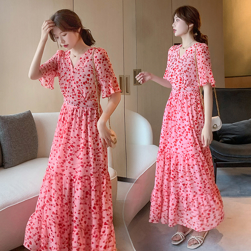 Trumpet sleeve long dress summer size women's new loose and thin cover belly fat increase Chiffon Skirt