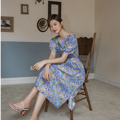 Official picture French retro bubble short sleeve loose floral oil painting dress women's middle length