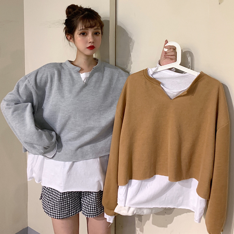 Real shot Korean version loose and versatile design sense fashion fake two piece long sleeve top fashion Mini sweater