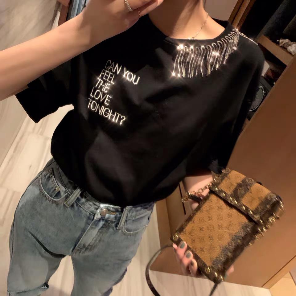 Net red short sleeve t-shirt female Korean loose embroidered hot pearl student top female cotton