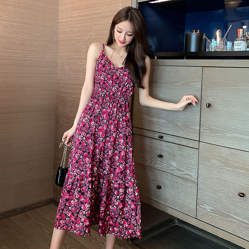 Korean new summer women's floral dress with slim waist and fashionable small fragrance sling skirt