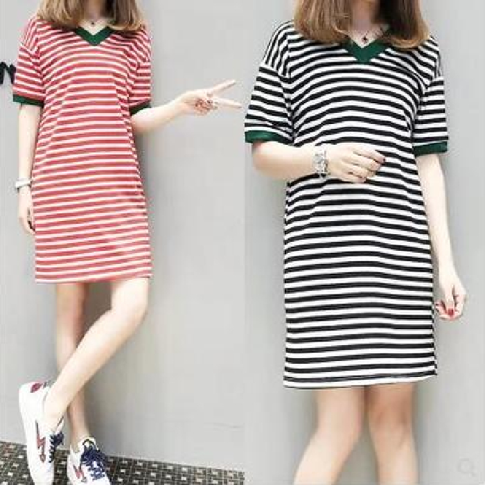 New large women's dress summer fat loose show thin collar stripe medium length skirt summer