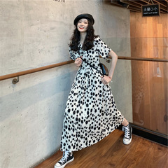 Spring and summer new style retro Hong Kong style high waist medium length word skirt Polka Dot Short Sleeve Dress