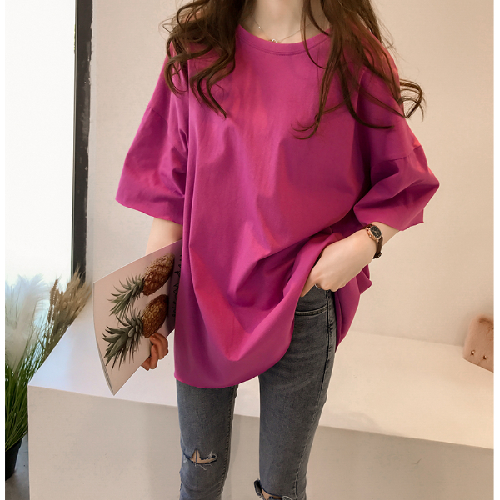 New Korean solid color spring summer T-shirt women's medium length short sleeve loose large size base shirt fashion