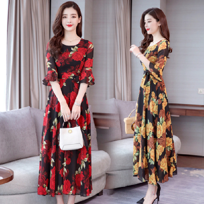 2019 Rose Summer new print oversize dress long swing Bohemian beach skirt Xian 021