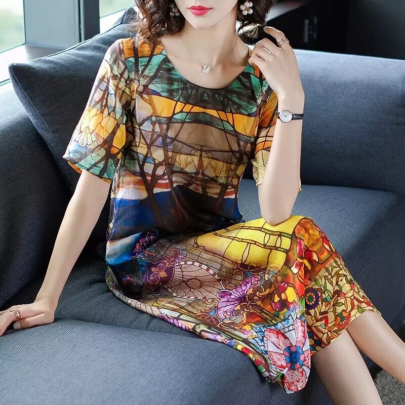 Dress women's mid long loose size mom dress over the knee