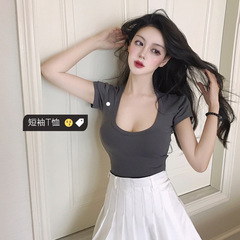 South Korea's new versatile spring and summer wear solid round neck bottomed short sleeve T-shirt women's loose size fat east gate