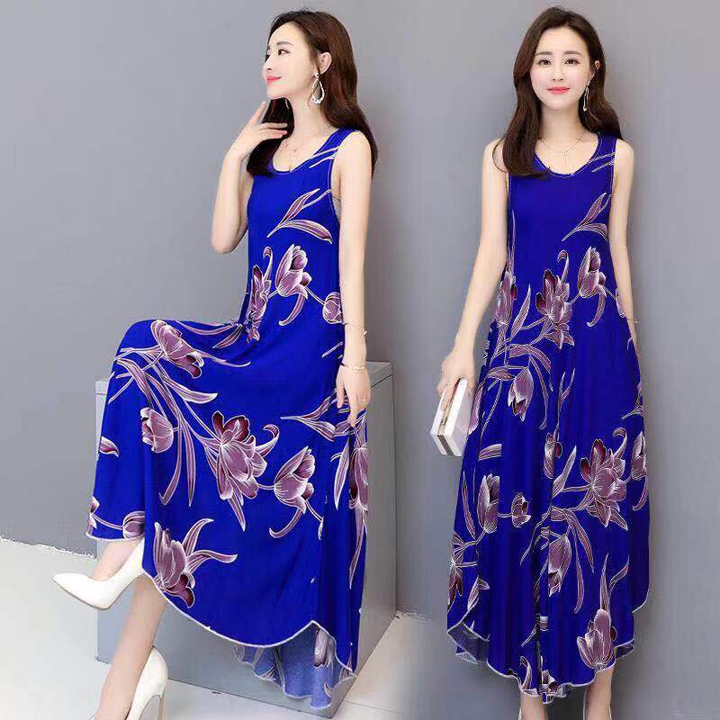 Cotton silk printed long dress women's sleeveless round neck large size loose drape elegant seaside holiday long skirt
