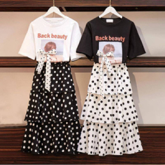 Chiffon Dress Korean wave dot suit skirt girl student Harajuku two piece summer dress