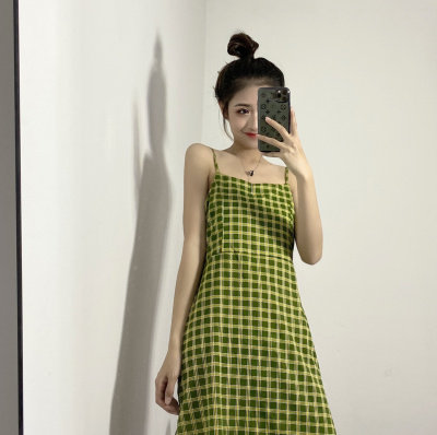 Real photo of summer and autumn slim green small fresh plaid skirt